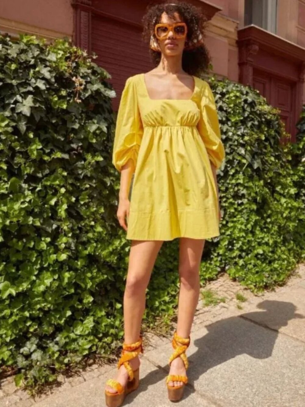 STAUD Sophie Mini Dress Yellow Poplin Puff Sleeve Darling Babydoll Sundress $295 - Picture 1 of 16
